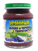 130 пюре ФТ "Умница" яблоко-черника с творогом, с сахаром, 130гр., с 6 мес.