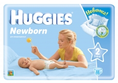 Подгузники HUGGIES - Newborn - 2 ( 3 - 6 ) кг, ( 32 шт )